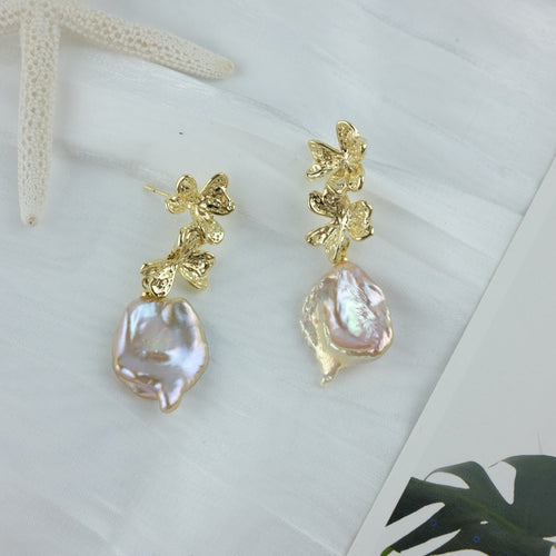 BAROQUE  PURPLE-GOLD PETAL PEARL STUD EARRINGS - ANNA