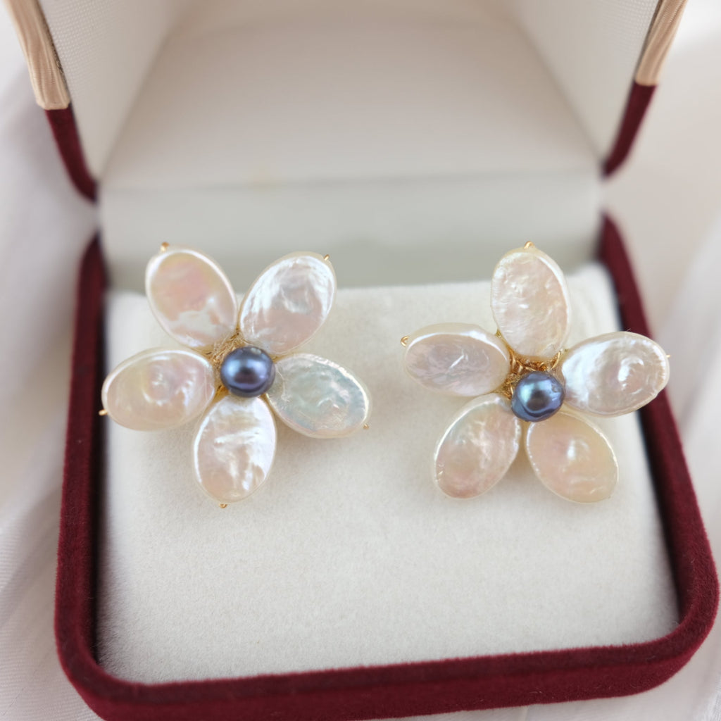Handmade Baroque Pearl Petal Stud Earrings - Frangipani