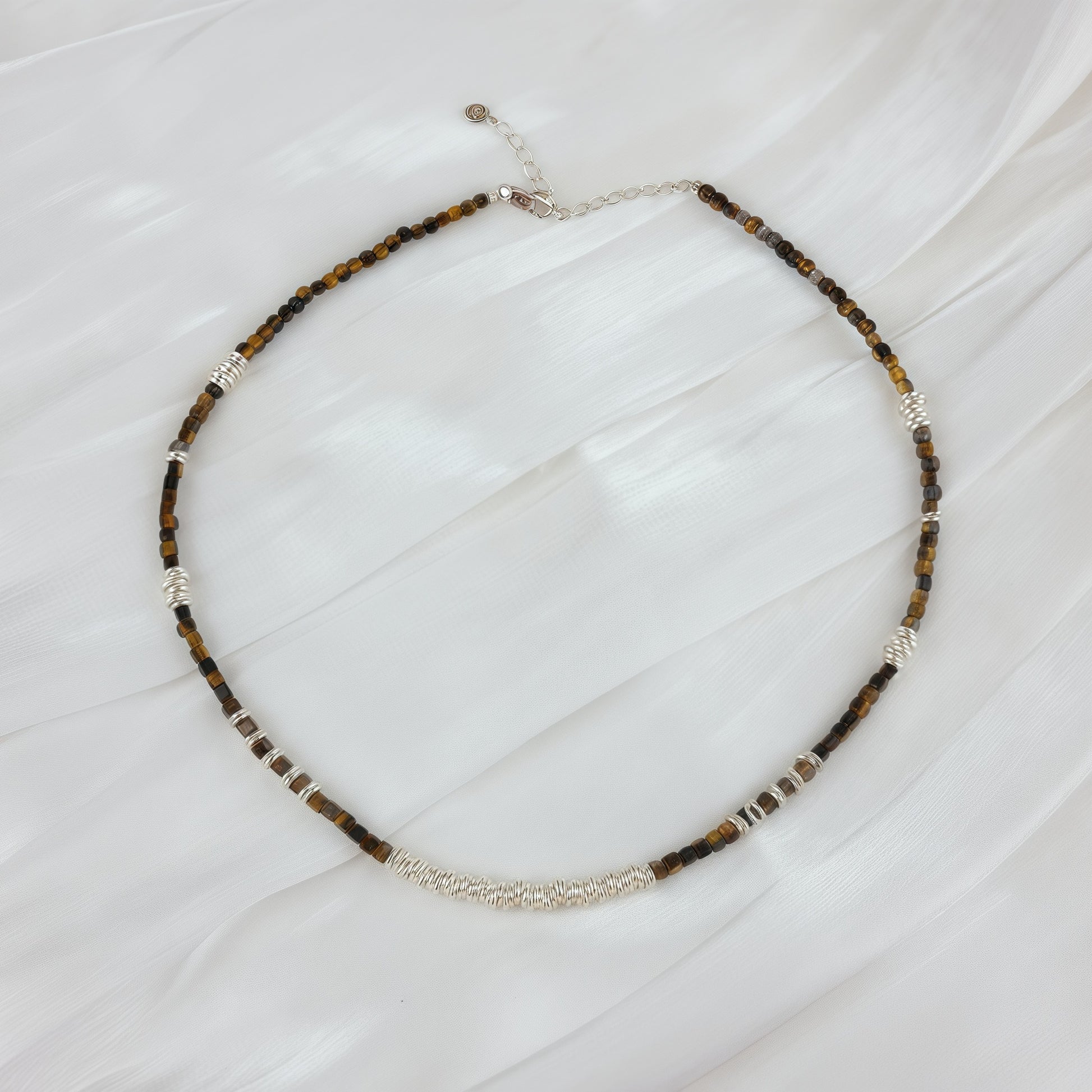 Sterling silver necklace paired with tiger’s eye stones & silver rings - Tora