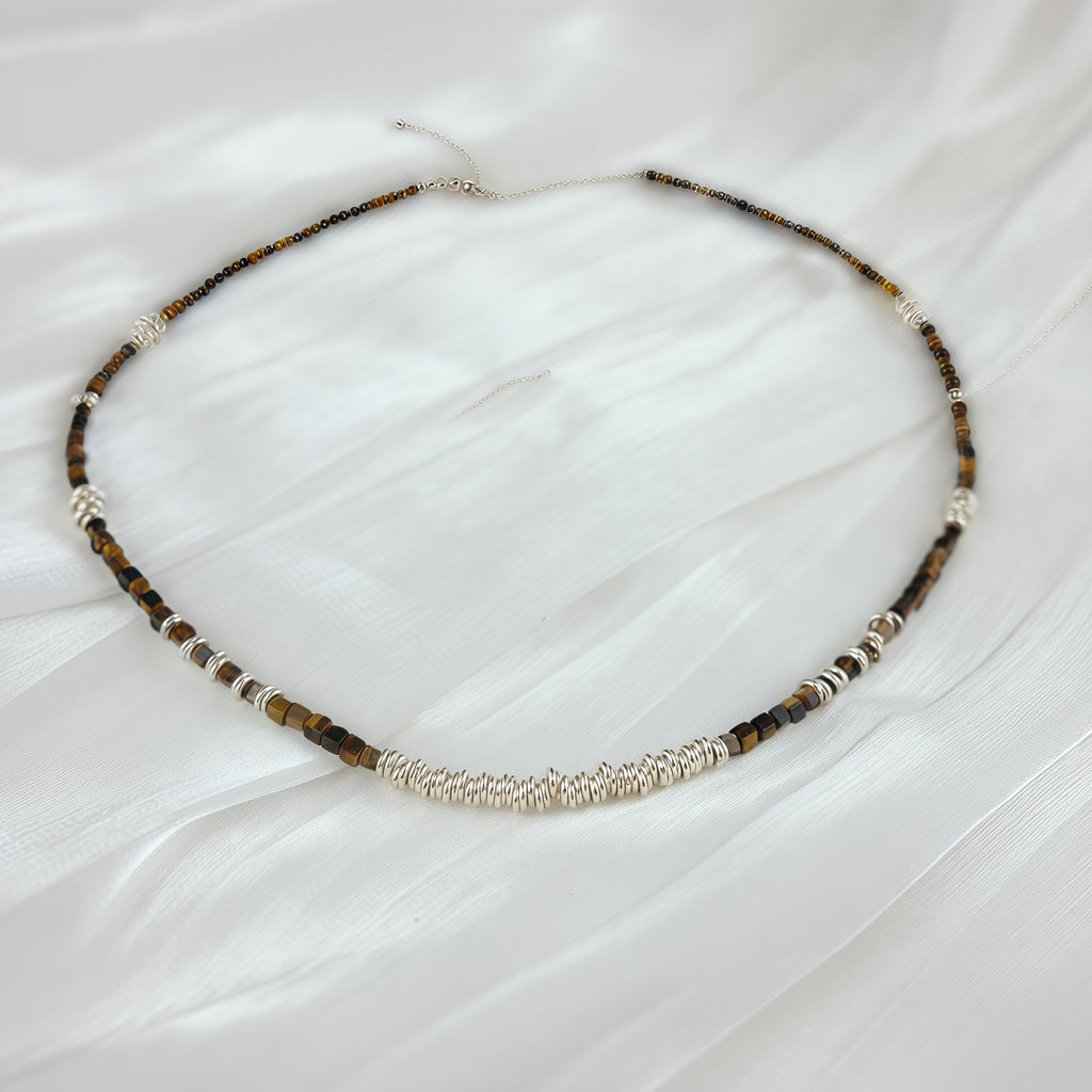 Sterling silver necklace paired with tiger’s eye stones & silver rings - Tora