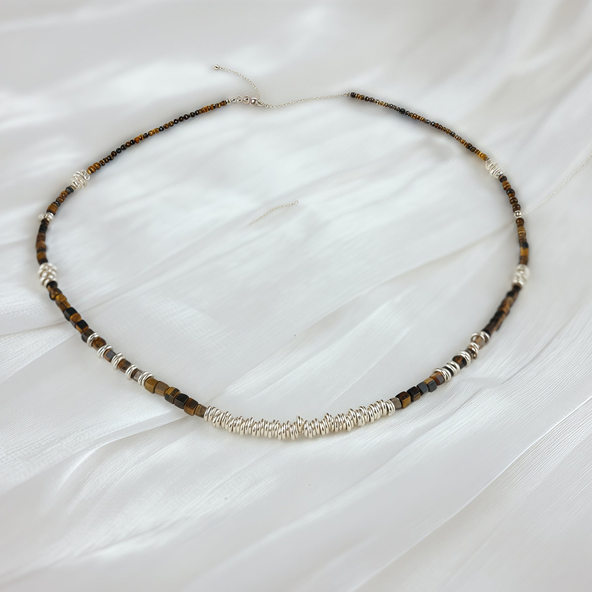 Sterling silver necklace paired with tiger’s eye stones & silver rings - Tora
