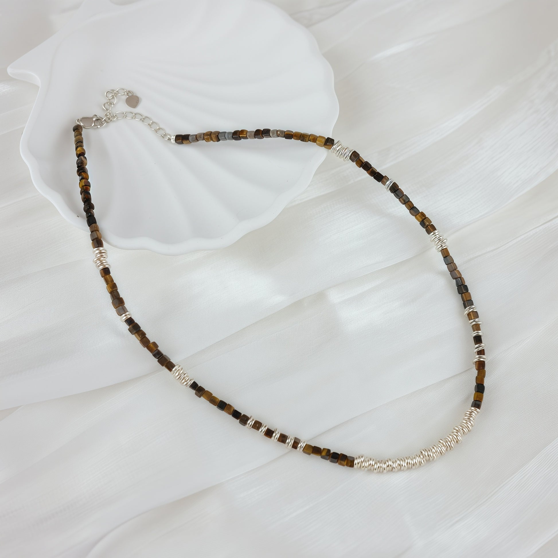 Sterling silver necklace paired with tiger’s eye stones & silver rings - Tora