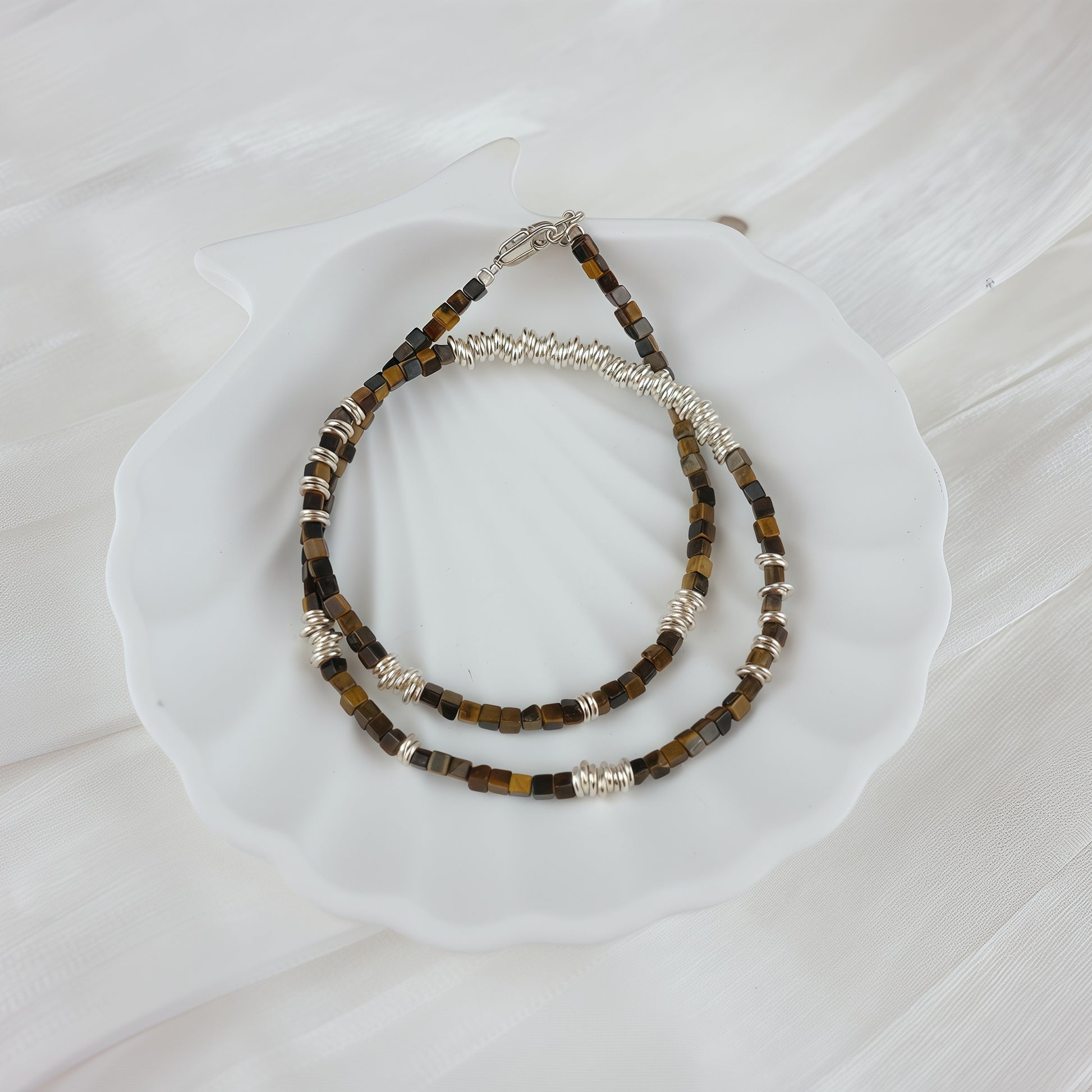 Sterling silver necklace paired with tiger’s eye stones & silver rings - Tora