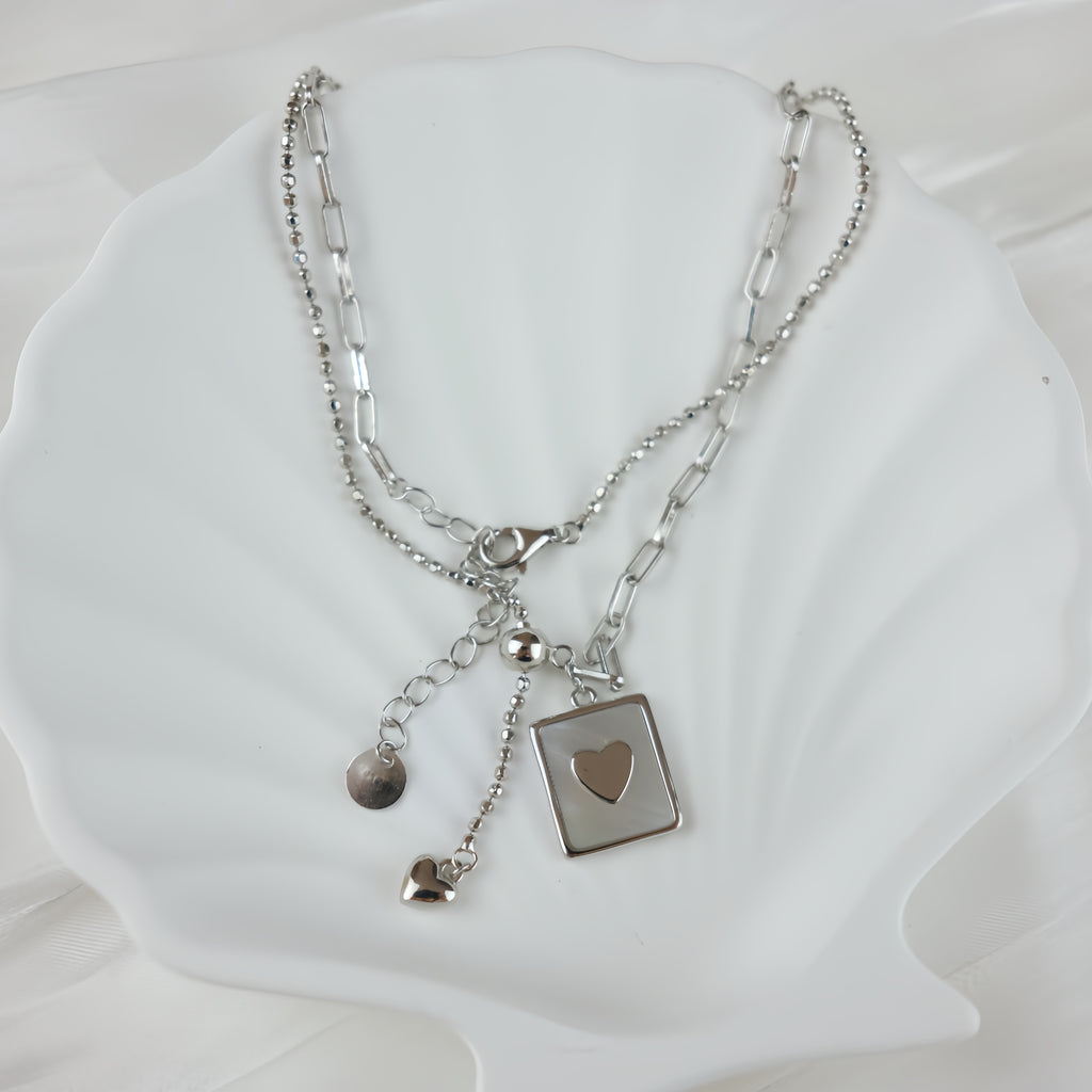Sterling Silver Necklace with Square Mother-of-Pearl pendant - Geometric Grace